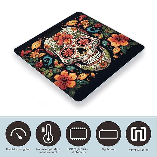 Colorful Sugar Skull Bathroom Scale Ultra-Bright Liquid Crystal Screen Weight Scale Accurate Bathroom Body Scales for Body Weight Bathroom Pet Home Bedroom Gift-Giving