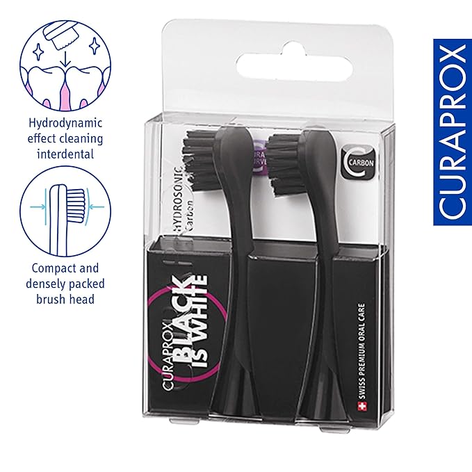 Curaprox Hydrosonic Brush Heads Black is White Carbon Duo – for Effective Plaque Removal &amp Whitening | Sonic Toothbrush Replacement Heads 2-Pack | Swiss Made