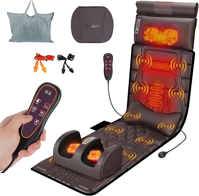 Full Body Massage Mat with Heat &ampVibration - PU Leather Shiatsu Back Massager Heat Timer Neck&amp Foot Massager Lumbar Pillow&ampHead Pillow Massage Chair Pad Anti-Slip Bottom for Stress Relief