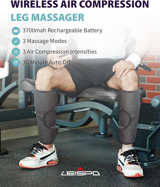 Wireless Leg Massager - Air Compression Cordless Calf Massager with Heat for Circulation Pain Relief and Recovery 4 Modes &amp 3 Intensities Portable and Adjustable (Gray Set of 2)