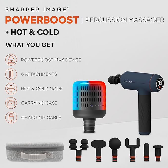 Sharper Image Powerboost Max Deep Tissue Massage Gun Bundle with Hot &amp Cold Dual Temperature Attachment