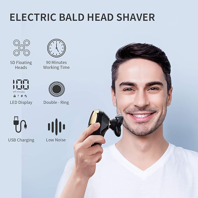 4 in 1 Electric Head Shaver Set - Bald Shaver Wet &amp Dry Cordless with Nose &amp Ear Trimmer Facial Cleansing Rechargeable IPX6 Waterproof