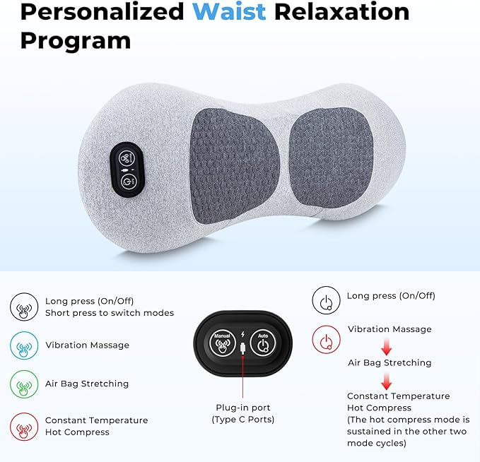 3 in 1 Electric Back Massager Triple Fusion Back Massager with Heat Lumbar Support Pillow for Bed and Chair - Grey