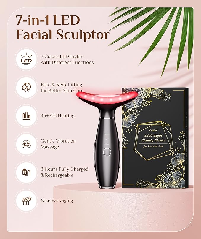 7 Color Galvanic Machines - Red Light Therapy for Face and Neck Face Massager Tool for Wrinkles Double Chin Vibrating Facial Massager with Thermals Black