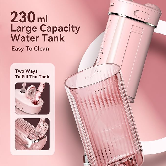 JTF Portable Water Flosser for Travel: Compact Mini Design 3 Modes &amp 8 DIY Pressure Levels for Sensitive Teeth &amp Braces - with 5 Nozzles &amp Removable 230ml Tank Cordless Oral Irrigator fo