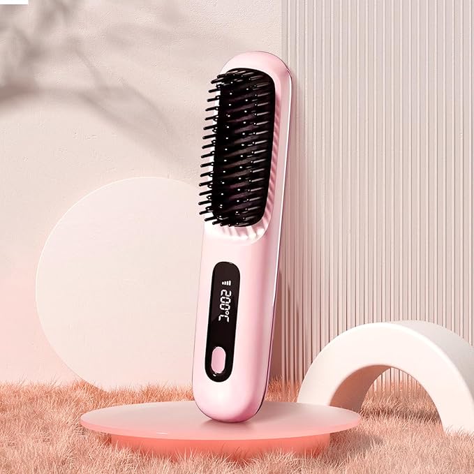 Portable Straightener Brush 2025 New Straight and Curly Dual-Purpose Curling Rod Mini Dual Purpose Curling Iron for Women (Pink)