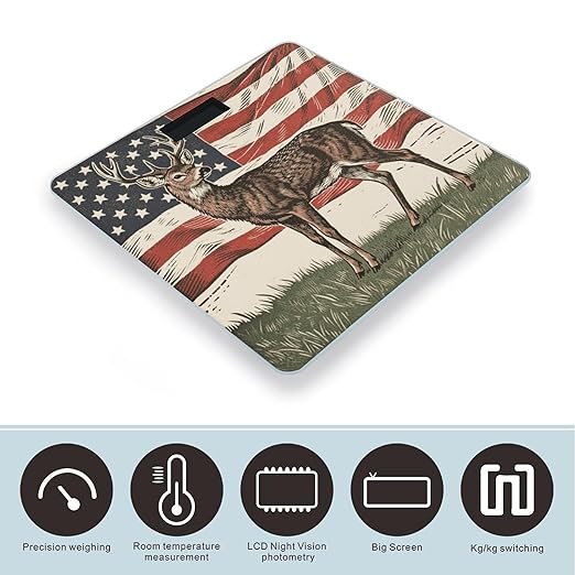 Deer American Flag Weight Scale Large Bathroom Scales Digital Weight with Bright LED Display Non Slip Automatic Weighing Scale Fashion Weighing Machine for Body