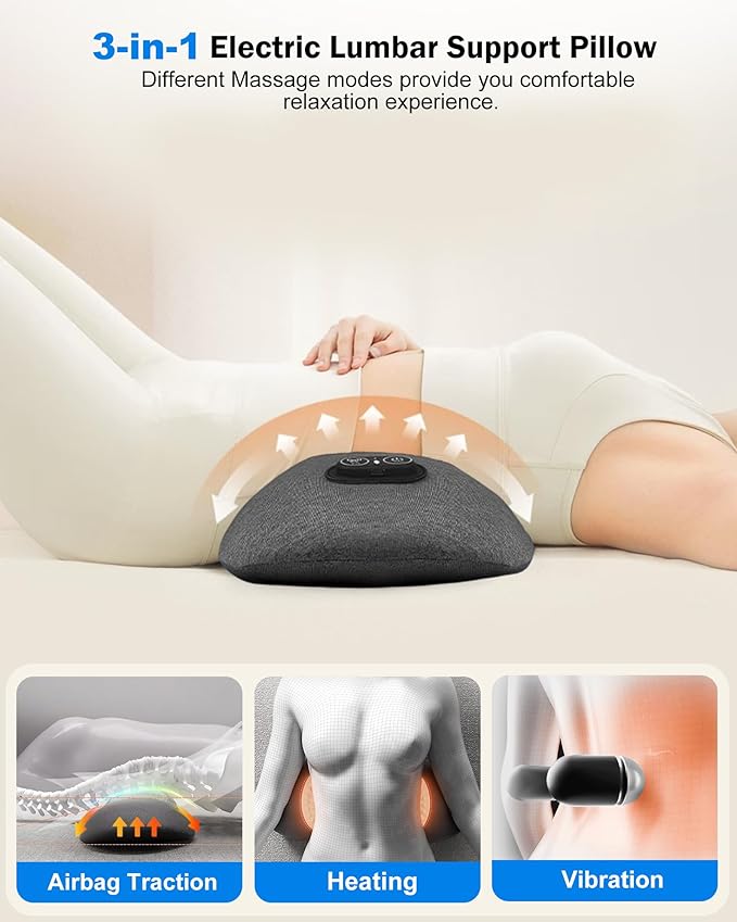 FSA Eligible HSA 3 in 1 Electric Lumbar Support Pillow -Lower Back Massager with Heat &amp VibrationAir Lift TechnologyErgonomic Memory Foam Back Massager for Pain Relief Deep Tissue