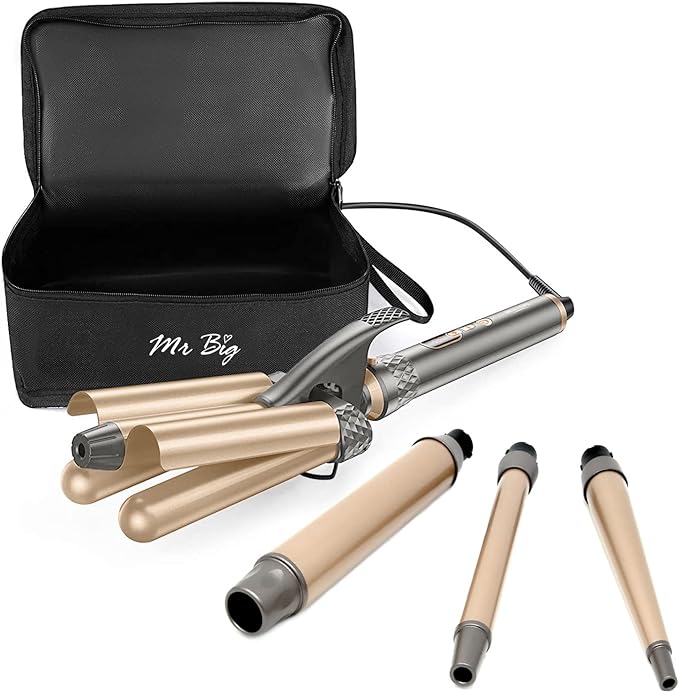 Mr Big Triple Waver Curling Iron Set for Beachy Waves has the 4 Most Used Wands 1” Waver Crimper &amp Wands from ½” to 1.25” Great for Long Hair Travel Bag &amp Accessories Fast Heat for All Ha