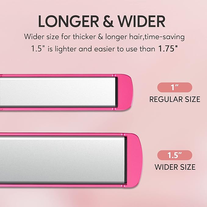 Terviiix Ceramic Hair Straightener 1-1/2 Inch Wide Flat Iron for Hair Professional Straightening Irons with Adjustable Temp 30s Instant Heating Get Silky Smooth Hair Dual Voltage Auto Off Pink