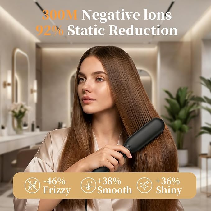 Go Brush Pro3-in-1 Cordless Negative Ion Hair StraightenerPortable Hair Straightener Comb 4 Temps Fast Heating Mch Ceramic CoatingAnti-Scalding Comb TeethSmoothes Frizz (Black)