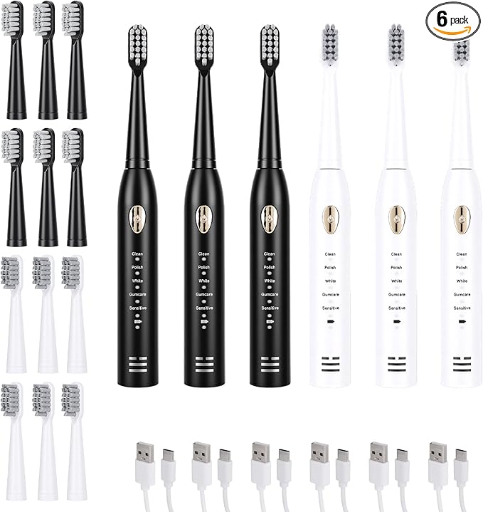 6 Pack Rechargeable Sonic Electric Toothbrush 42000 VPM 6 Cleaning Modes Smart 2-Min Timer USB Rechargeable IPX7 Waterproof 4 Brush Heads