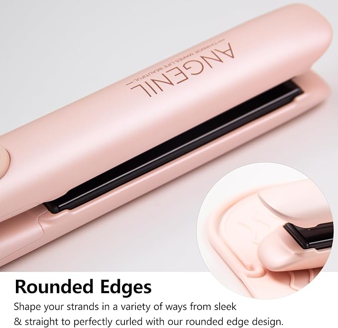 ANGENIL Pro Round Pink Dual Voltage Hair Straightener Irons Titanium Flat Iron Hair Straightener and Curler 2 in 1 with Heat Resistant Silicone Mat Smoothness Large LCD Display 20S Fast Heat Up