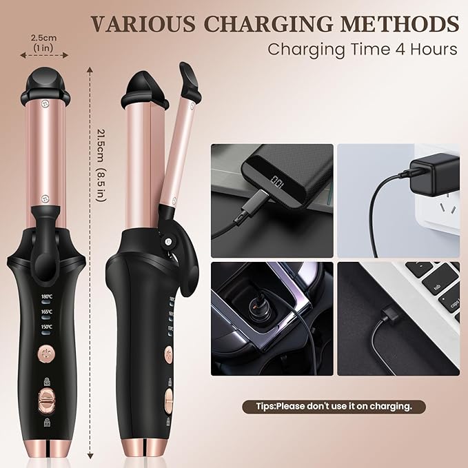 4000mAh Rechargeable Cordless Curling Iron 2-in-1 Mini USB Curler and Straightener Wireless Curling Wand with 3 Temps Settings(302-356°F) Portable Travel Hair Curler Hair Styler for Short &amp Long