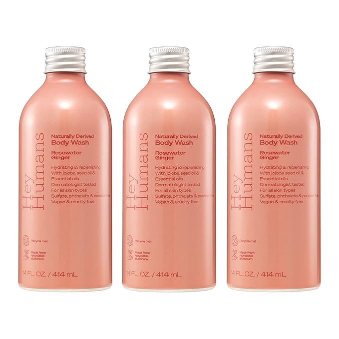 Hey Humans Rosewater Ginger Moisturizing Body Wash with Natural Ingredients &amp Jojoba Oil | Clean Vegan Sulfate Free Bath &amp Body Wash for Women | Recyclable Bottle 14 fl. oz. - Pack of 3