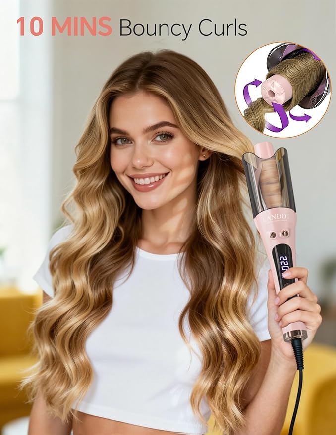 LANDOT Automatic Curling Iron 1-Inch – Easy-to-Use Self Curling Wand with Auto Rotation &amp Anti-Tangle Technology Ideal for Beginners &amp Medium Length Hair Salon-Quality Curls at Home Charmin