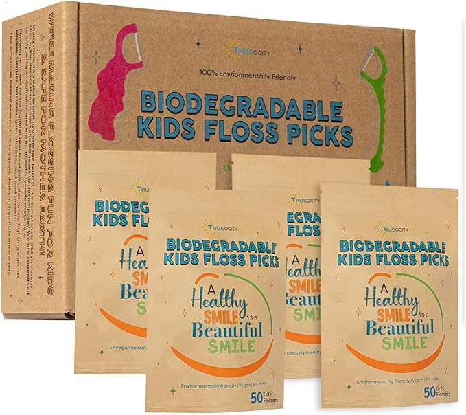 Biodegradable Kids Flossers -200 Pack Natural Kids Floss Picks Fluoride Free Biodegradable Floss Pick Organic Animal Dental Floss Picks Dental Floss Sticks - 4 Fun Animal Designs