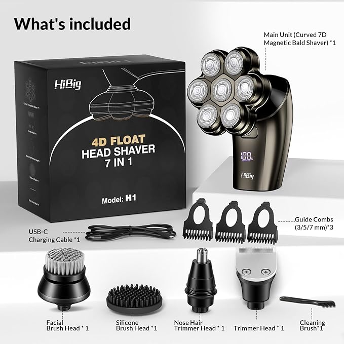 7D Arc Electric Shaver for Head &amp Body 5-in-1 Upgraded Electric Razor for Men Waterproof Wet/Dry Detachable Head Shaver LED Display Rechargeable Electric Shaving &amp Grooming Kit Dark Gray