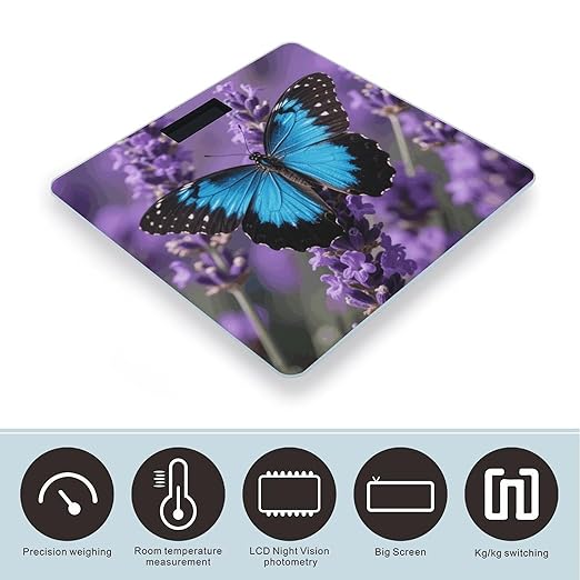 Color Blue Butterfly Scale for Body Weight Sturdy Tempered Glass Weighing Scales with LCD Display Accurate Digital Bathroom Scale Convenient Body Fat Smart Scales Easy Read
