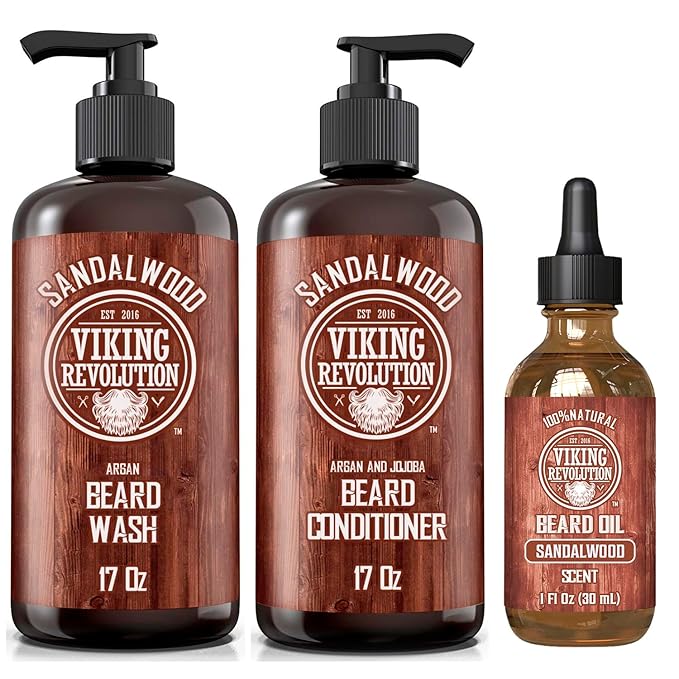 Viking Revolution Sandalwood Beard Wash and Beard Conditioner Kit for Men (17 Fl Oz each) and Sandalwood Beard Oil (1 Fl Oz) - Beard Softener Strengthener and Moisturizer with Argan and Jojoba Oils