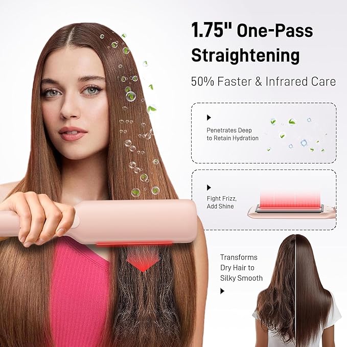 Flat Iron Hair Straightener – 1.75” Ceramic Infrared Ionic Flat Iron with 5s Fast Heat-Up Vibration Technology LCD Temp Control Dual Voltage Anti-Frizz Styling for All Hair Types