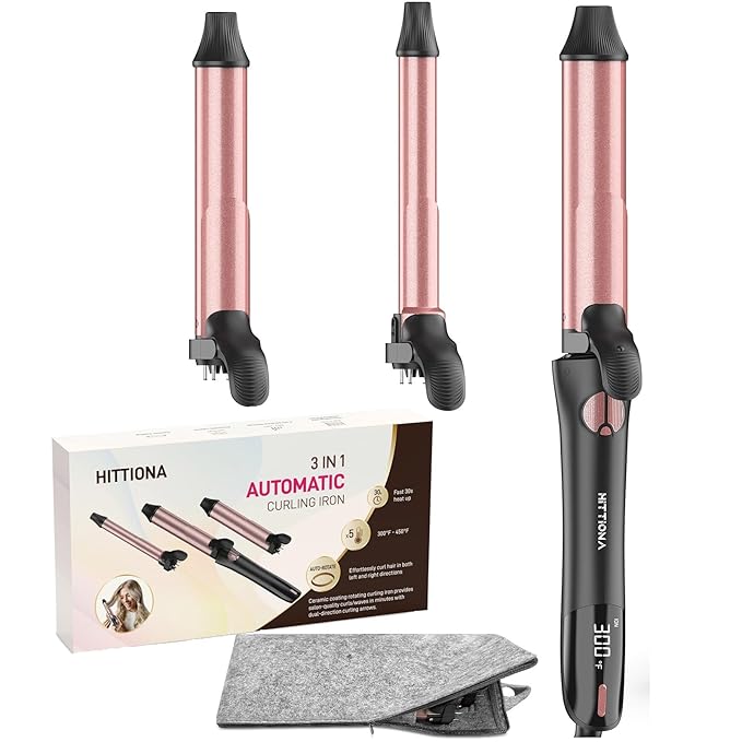 Rotating Curling Iron - 3 in1 Automatic Curling Iron with Interchangeable CurlingWand 3/4 1 1/4 1 Inch CurlingIron for Lasting Beach Waves Adjustable Temp Instant Heat Dual Voltage (Black)