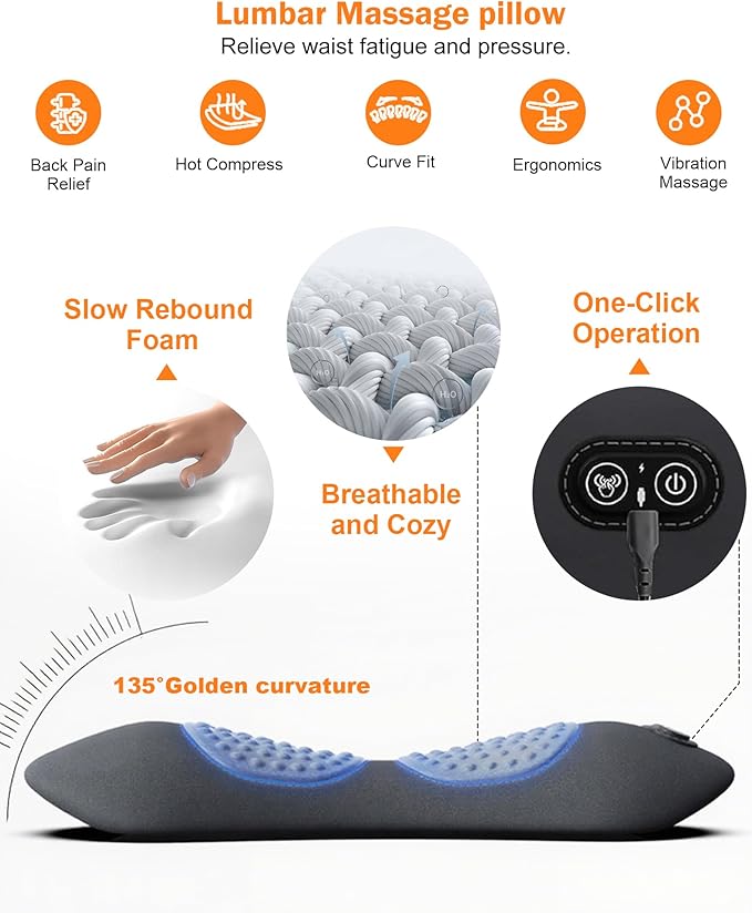FSA Eligible HSA Triple Fusion Back MassagerSmooth Electric Lumbar Support Pillow Spine Back Massager with Heat &ampVibrating Massage AirbagTractionBack Support Pillow for Relief Deep Tissue