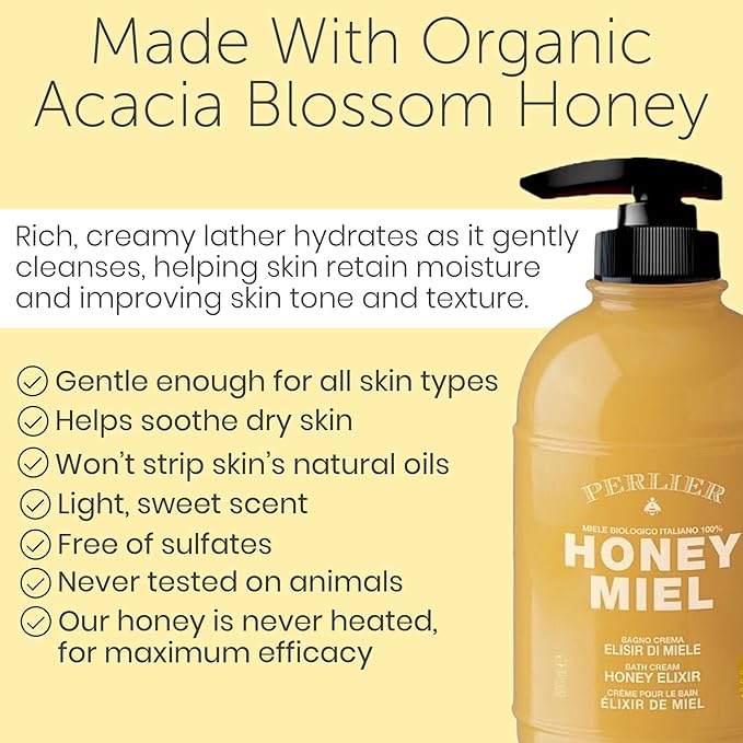Perlier Sweet Honey Miel Shower &amp Bath Cream - Nourishing &amp Soothing Luxury Bath Cream Made with 100% Organic Italian Honey for Deep Moisturization and Hydration (16.9 Fluid Oz.)