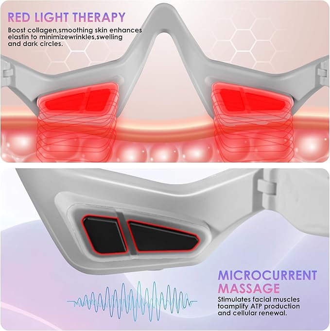Under Eye Red Light Therapy Glasses Red Light Therapy Device Microcurrent Eye Massager Eye Beauty Glasses Eyes Bag Remover for Reduce Dark Circles and Wrinkles (Gray)