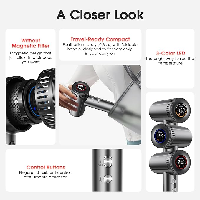 Hair Dryer with Magnetic Diffuser Attachments Professional High Speed Ionic Blow Dryer for Fast Drying9 Heat &amp 2 Speed SettingsAuto Clean and Cool ShotCompact Hair Blow Dryer for TravelSalon