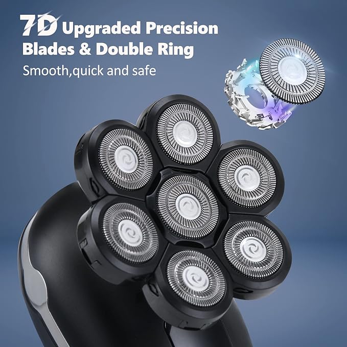 Electric Head Shaver for Bald Men Waterproof 7D Blad Head Shaver 5 in 1 Cordless Razorfor Wet&ampDry Rechargeable Grooming Kit with Beard Clippers Nose Trimmer