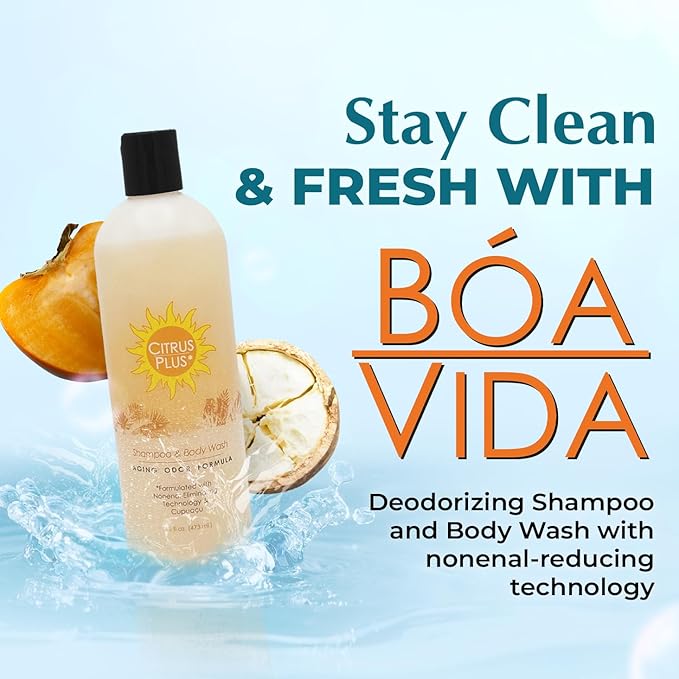 Deodorizing Citrus Plus Elder Shampoo and Body Wash by BoaVida with new leak-proof cap Soap Made with Persimmon to Treat the Presence of Nonenal and Remove Old Person Smell 16 oz