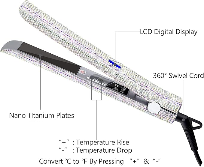 Hair Straightener Flat Iron with Gorgeous Rhinestone Bling Crystal Diamond 2 in 1 Hair Straightener and Curler 60Min Auto Shut Off LCD Temp Display Range from 120°F to 470°F Valentine's Day Gift