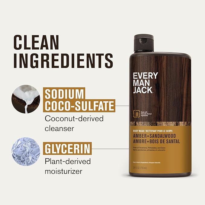 Every Man Jack Amber+Sandalwood Hydrating Mens Body Wash for All Skin Types-Cleanse Nourish and Hydrate Skin with Naturally Derived Ingredients-Paraben Free Phthalate Free Dye Free-24oz(Pack of 2)