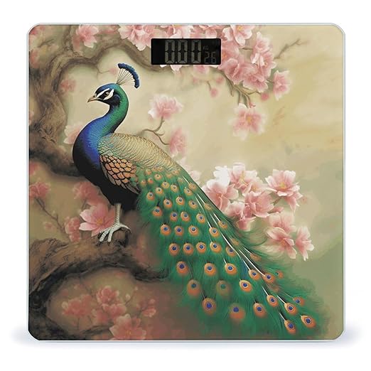 Oriental Peacock on Flower TreeScale for Body Weight with LCD High Precision Weighing Scales Fashion Sturdy Tempered Glass Weight Scales Easy-to-Read Digital Bathroom Scale for Daily 400lb