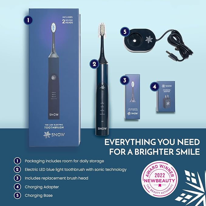 SNOW Electric Toothbrush with Sonic Technology - LED Whitening - 2 LED Brush Heads &amp 4 Brushing Modes - Rechargeable Automatic Toothbrush for Adults with Built-in Timer - Gen 1 Polar Blue