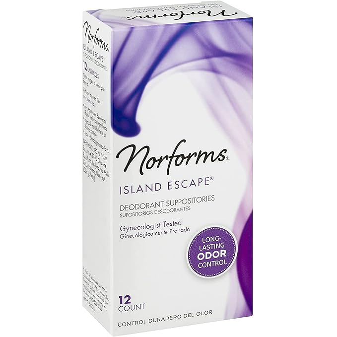 Norforms Feminine Deodorant Suppositories Long Lasting Odor Control Gynocologist Tested Individullay Wrapped Island Escape Scent 12 Count in Each Box (Pack of 8)