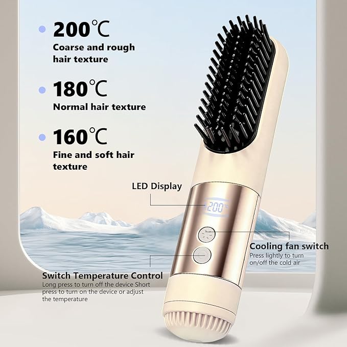 Go Brush Pro 2026 Hair Straightener 3-Temperature Fast Heating Ceramic Ionic Hair Brush Portable Frizz Control Styling Tool for Women Beige