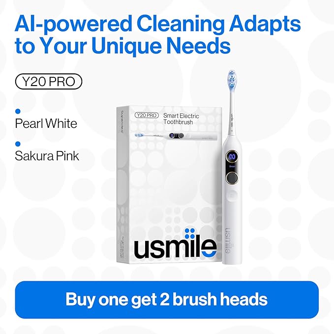 usmile Y20PRO Electric Toothbrush AI-Powered Smart Toothbrush with AM/PM Auto Mode 4 Brushing Modes 90-Day Battery App Control Real-Time 3D Map 2 Brush Heads Included