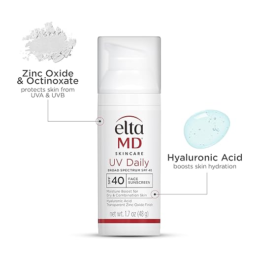 EltaMD UV Daily Face Sunscreen with Transparent Zinc Oxide and Hyaluronic Acid Moisturizes and Protects Great for Dry Combination and Normal Skin