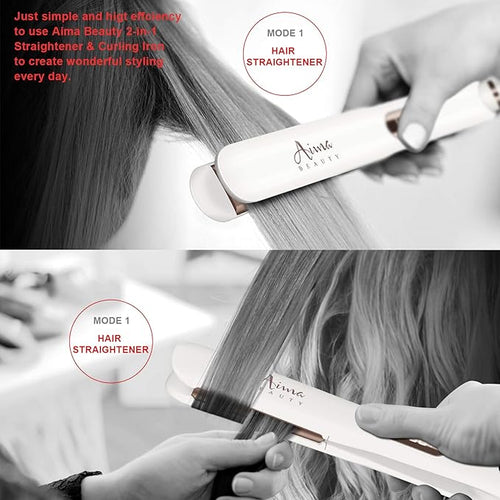 1¼ Inch Titanium Nano Flat Iron Aima Beauty 2 in 1 Hair Straightener with 3D Floating Ceramic Coating Plates for Healthy Styling &amp Thin Hair LCD Temp Display Dual Voltage White