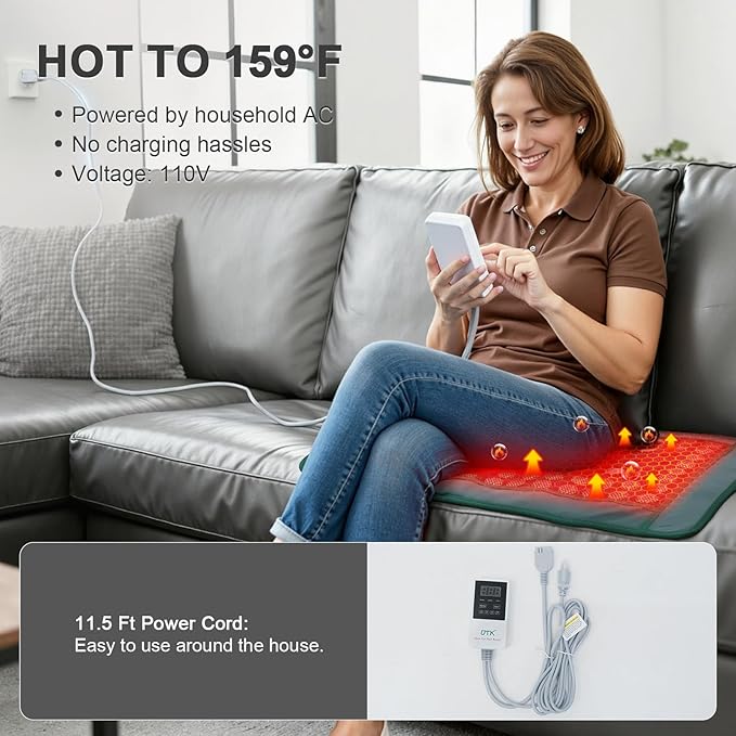 UTK Far Infrared Heating Pad for Back with Red Light Therapy 8X Pain Relief for Body Hot to 159℉ FSA-HSA Eligible Auto Shut Off 56 Jades &amp 32 Magnets Stone 26 x 20''