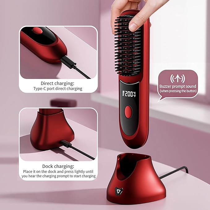 Straightener Brush with Temp Settings Portable Cordless Straightening Comb with Base Negative (04)