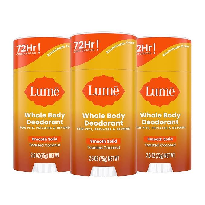 Lume Whole Body Deodorant - Smooth Solid Stick - 72 Hour Odor Control - Aluminum Free Baking Soda Free and Skin Loving - 2.6 Ounce (Pack of 3) (Toasted Coconut)