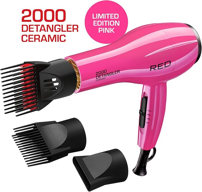 RED by KISS 2000 Ceramic Hair Dryer Professional Salon Blow Dryer 2 Detangler Pik Attachments Tourmaline Technology 3 Heat Settings Easy Storage Loop (Pink)