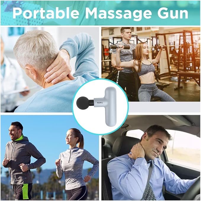 Mini Massage Gun SK6 Fascial Gun Portable Deep Tissue Percussion Muscle Back Head Massager for Pain Relief with 4 Massage Heads 4 Speed High-Intensity Vibration Rechargeable (Gray)