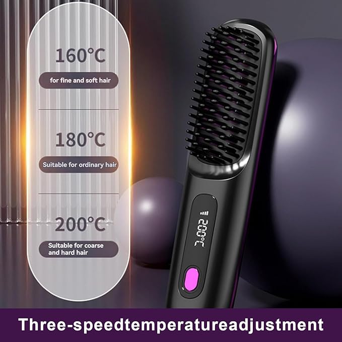Go Brush Pro 2025 NewCordless Hair Straightener BrushPortable Straightener Comb Straightening Comb Rechargeable Go Travel Hot Combs Mini with Temperature Display for Women(Black)