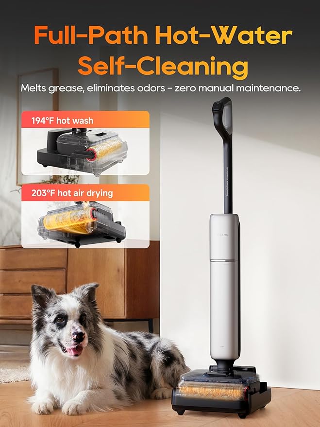 DREAME Aero Pro Wet Dry Vacuum Mop Ultra-Slim with Hot Self-Cleaning/Self-Drying 0 Hair Tangle Great for Pet Owner Powerful Wet Dry Vacuum with 60min Runtime Pick-up &amp Mop at The Same Time