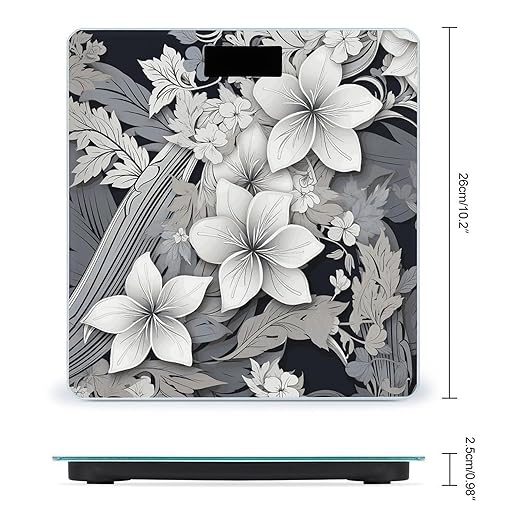 Intricate Black and White Tropical Flowers Pattern Smart Scale for Body Weight Accurate Bathroom Scale with LED Display Digital Weight Scales Weighing Machine High Precision Scales for Bath Home