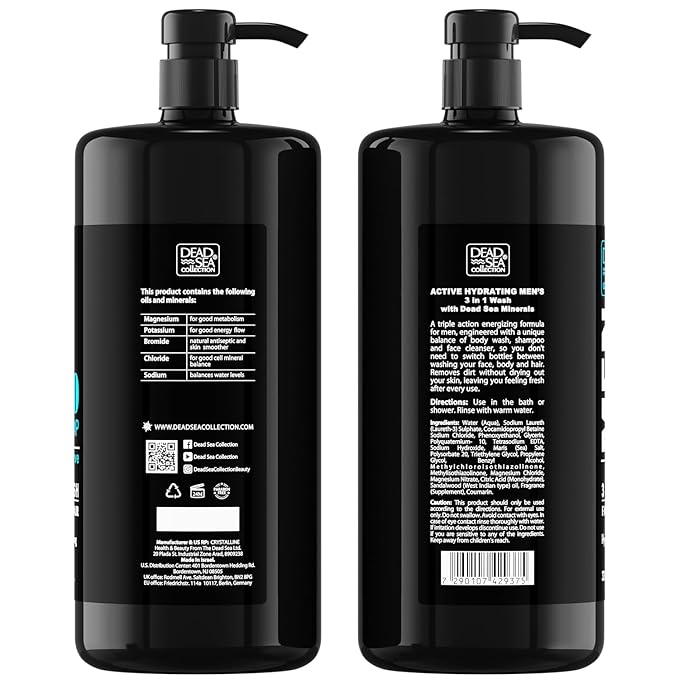 Dead Sea Collection Mens Body Wash TOP 10 ACTIVE – 3 in 1 Body Wash for Men for Hair Face &amp Body – Moisturizing Shower Gel with Dead Sea Minerals – Pack of 2 (33.8 fl oz each)